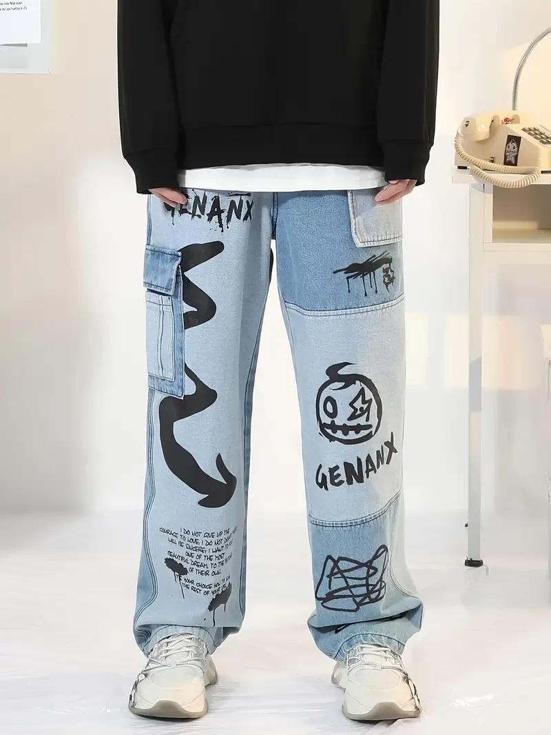 Men's Stylish Graffiti Pattern Print Denim Trousers With Pockets, Causal Breathable Cotton Blend Jeans For City Walk Street Hanging Outdoor Activities