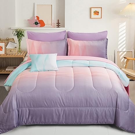 Girls Comforter Set Queen Size Colorful Ombre Blue Pink Purple Rainbow Bedding Set 7 Pieces Bed in A Bag for Kids Teen Girls Women with Comforter, Flat Sheet, Fitted Sheet