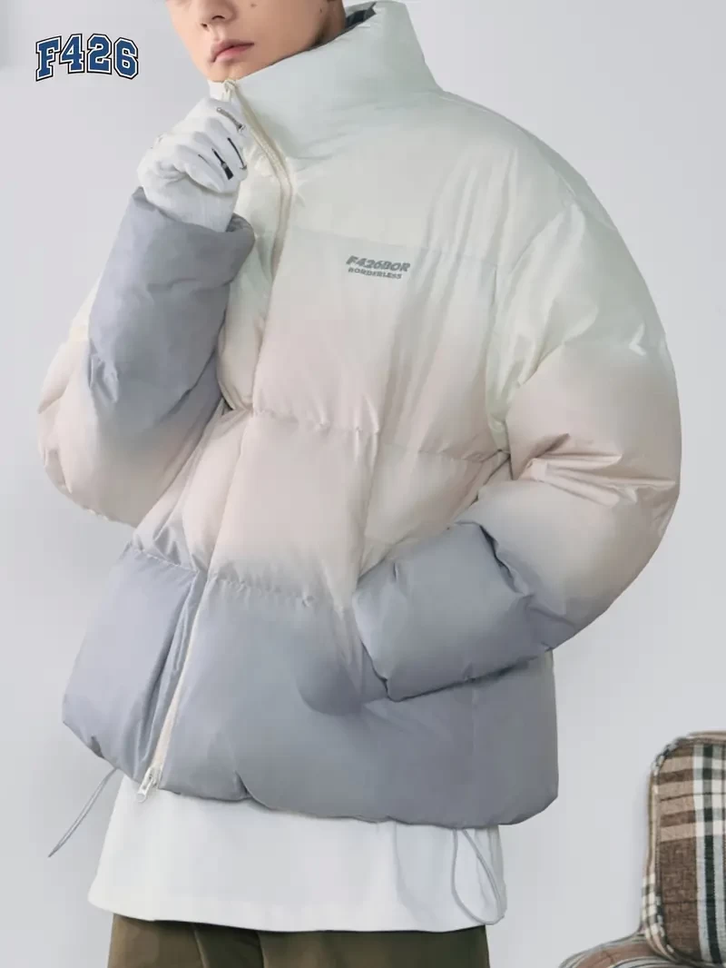 F426 Duck Down Coat, Men's Gradient Warm Loose Fit Zip Up Puffer Jacket For Fall Winter Outdoor Activities