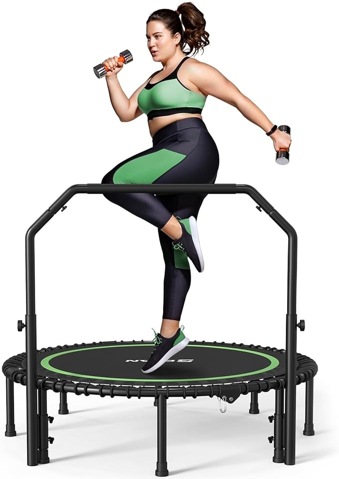BCAN 450/550 LBS Foldable Mini Trampoline, 40"/48" Fitness Trampoline with Bungees, U/T Shape Adjustable Foam Handle, Stable & Quiet Exercise Rebounder for Kids Adults Indoor/Garden Workout