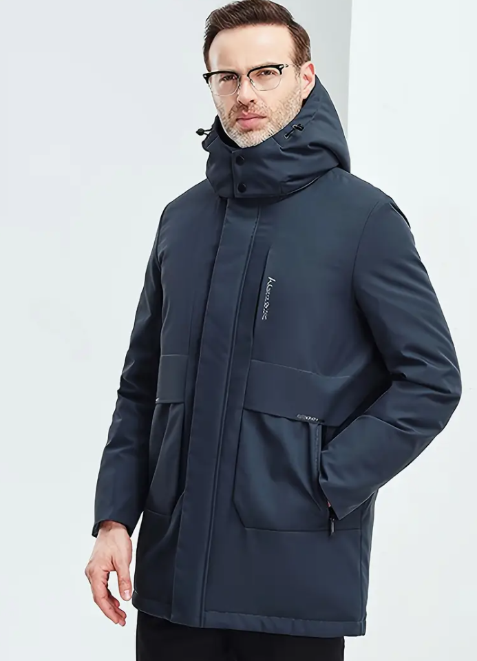 YAYA Men's Detachable Hooded Winter Trench Coat - Warm thick down coat with velvet collar, zipper pockets and adjustable drawstring, dark blue casual dad coat for cold weather, winter coat | zipper tr