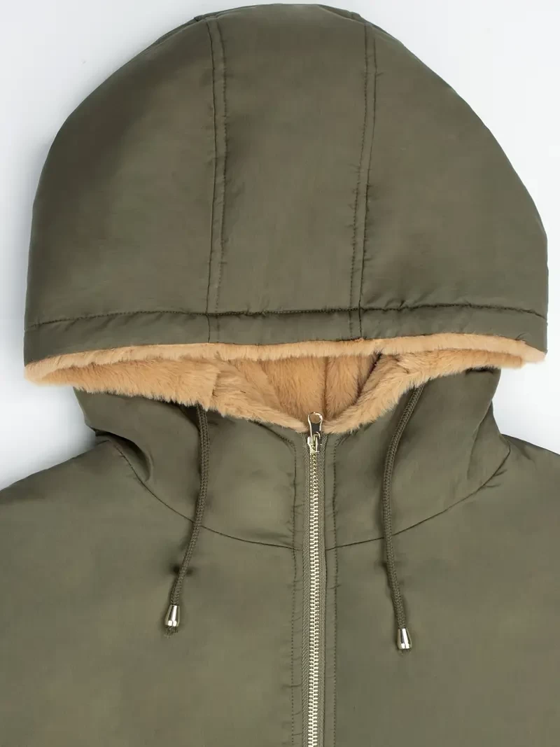 Solid Hooded Full Zipper Coat, Warm Mid-length Pocket Coat, Outerwear For Fall & Winter, Women's Clothing