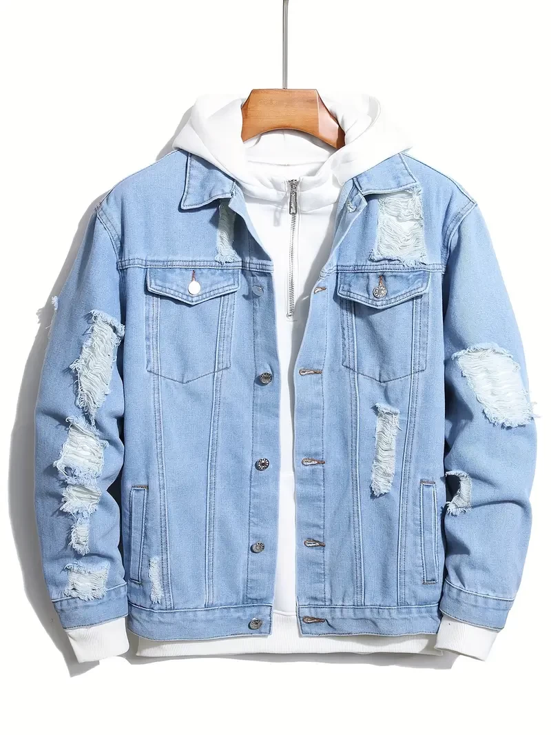 Men's Casual Ripped Denim Jacket, Chic Street Style Chest Pocket Button Up Coat