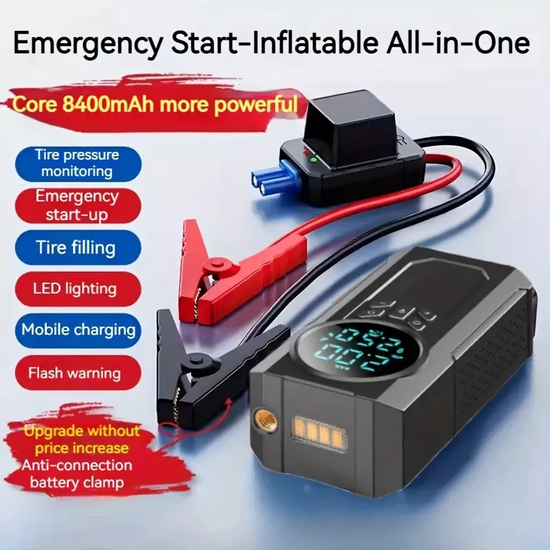 1pc Portable Cordless Car Battery Emergency Starter, Tire Air Pump, Air Compressor, Easy Inflation Tire, LED Display, Flashlight, Mobile Power Supply