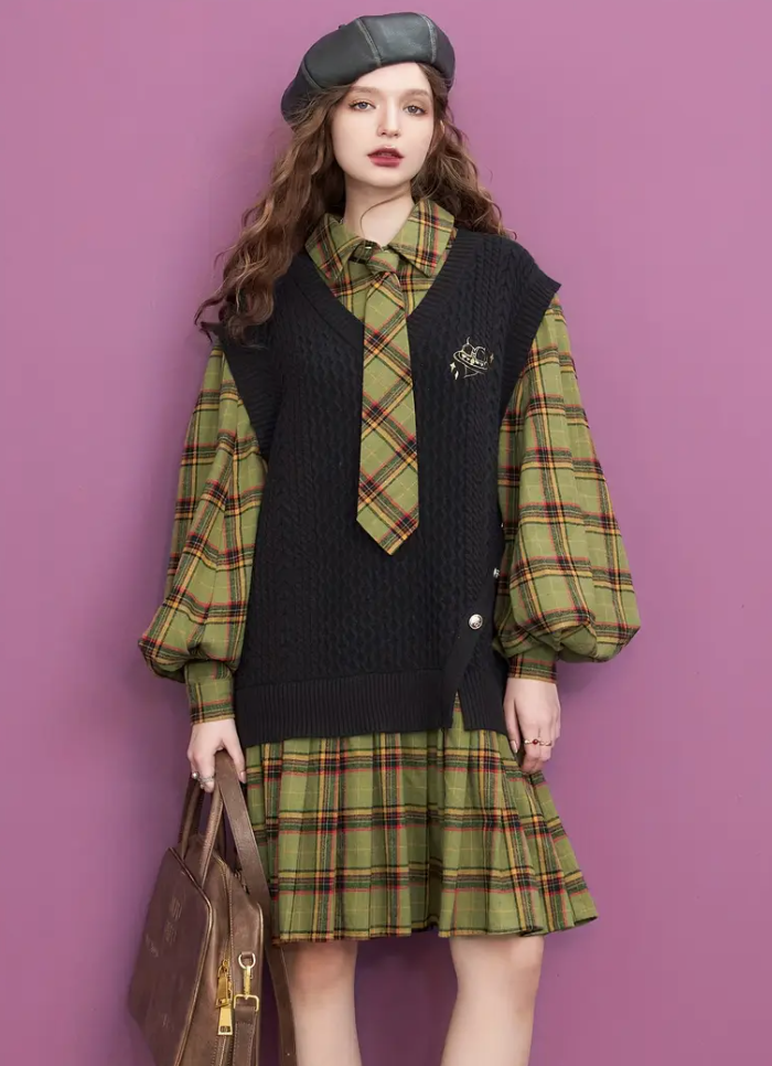 Plaid print dress, elegant long-sleeved spring and autumn dress, women's clothing ELFSACK