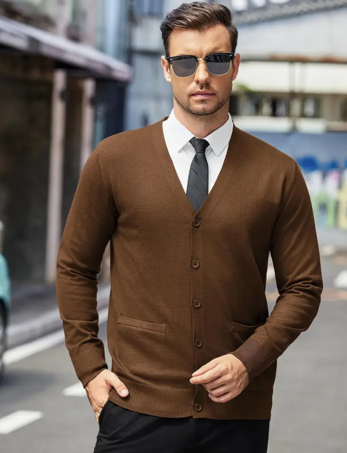 Men's cardigan sweater, long sleeve V-neck, light knit button cardigan, with pockets