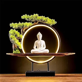 Houlu White Buddha with green artificial tree and LED round table lamp, Interior Ceramic Buddha home decor,16.5 inches (about 41.9 cm)