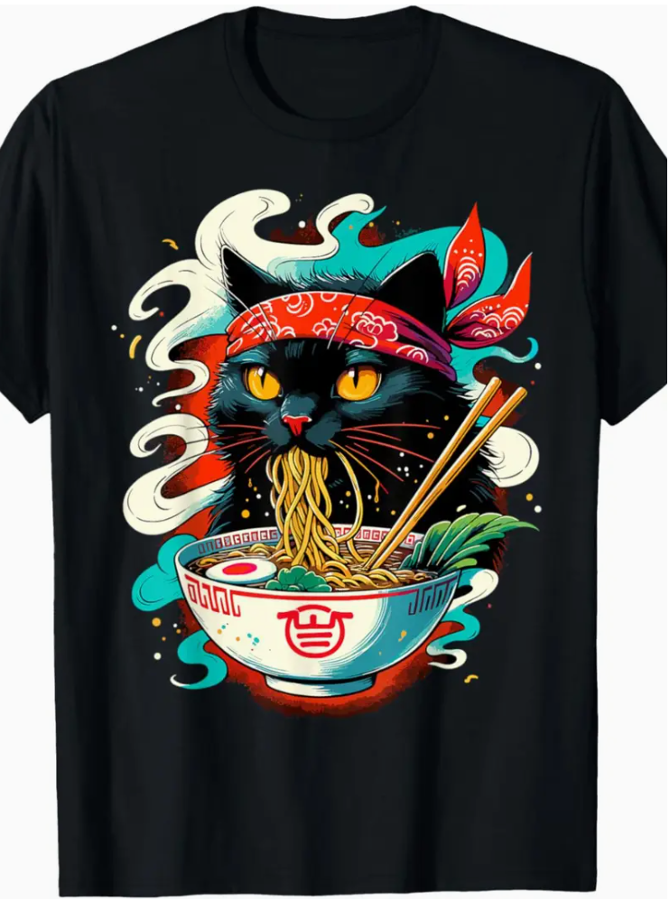 Men's cute Cat Ramen Anime Printed T-shirt - soft cotton, four seasons casual crewneck top