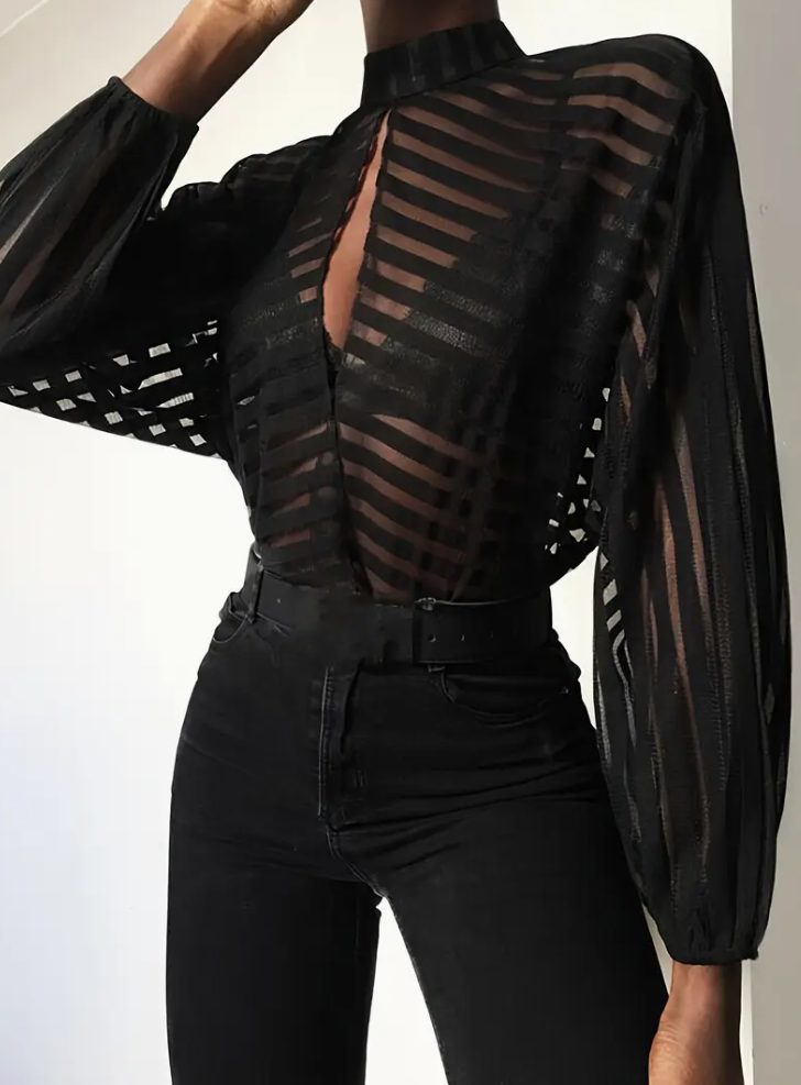 A sexy striped see-through mesh cardigan - women's long-sleeved high-neck button-down shirt, polyester loose see-through top for all seasons