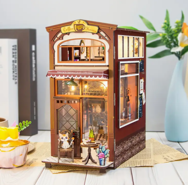 Cafe DIY Book Corner Kit DlY Miniature Doll House 3D Wooden bookends for bookshelf decoration, small model houses that adults can build (without batteries, music boxes and glue)