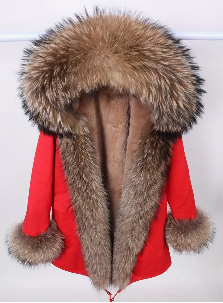1 elegant winter coat for women, thickened mid-length puffy coat, imitation fur hat, polyester, X-tail, long sleeves, regular cut, solid color, zipper closed, non-stretch, waterproof, lightweight