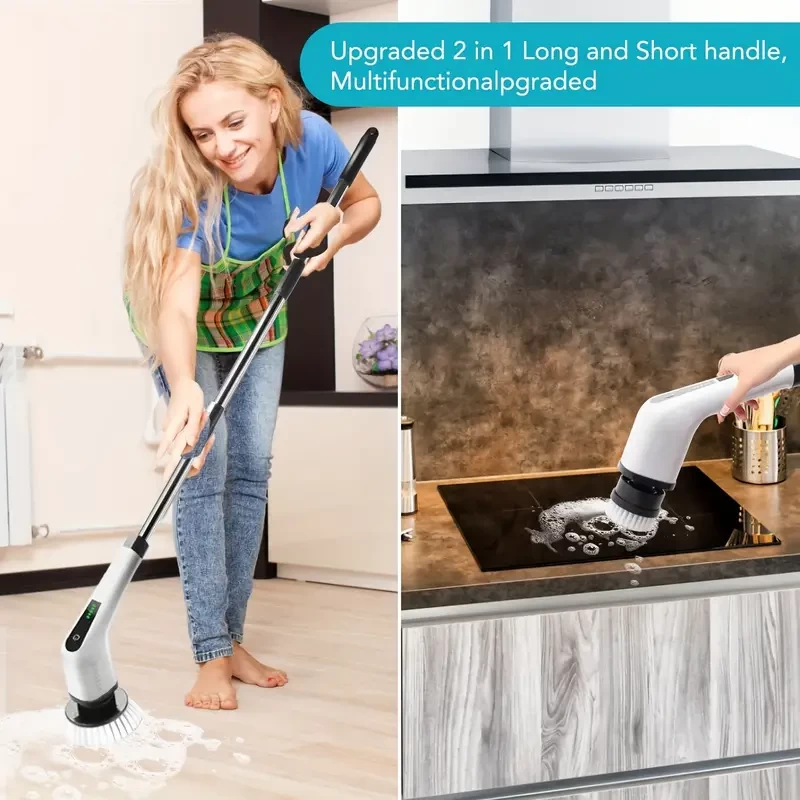 300/400 RMP Electric Spin Scrubber, Cordless Bathroom Tub Scrubber With Long Handle & 7 Replaceable Cleaning Heads, 90min Running Time,Tub And Floor Tile 360 Power Scrubber Dual Speed With Adjustable 