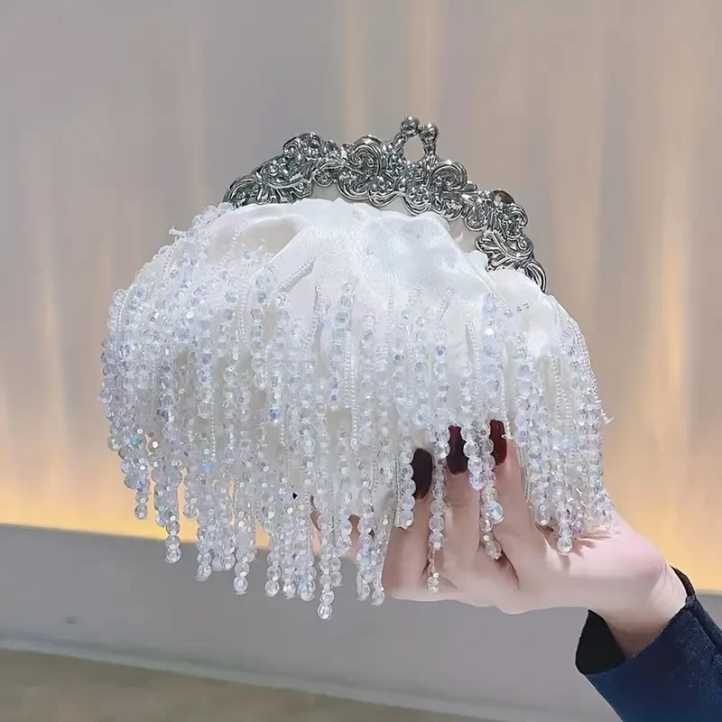 Beaded Crystal Evening Bag For Women, Tassel Decor Kiss Lock Clutch Purse, Elegant Satin Handbags For Wedding Prom Party